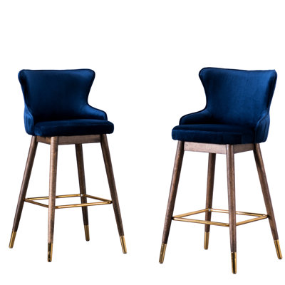 2 pièces tabourets de bar à oreilles en bleu - rembourrage en mousse riche, d'inspiration Mid-Century, pieds en bois d'hévéa massif avec finition noyer, revêtement en velours, rembourrage dense de H 40,2 po, style, pieds, or