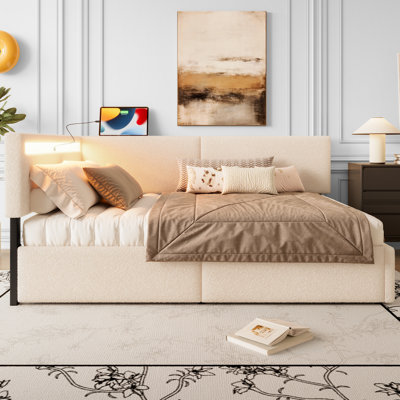 Twin Size Upholstered Bouclé Storage Bed with Headboard, 2 Drawers, LED & USB, Solid Wood Slats, Beige
