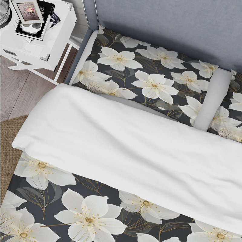 Ensemble de housse de couette à motif floral noir et ivoire II, Housse de couette pour grand lit et 2 taies décor