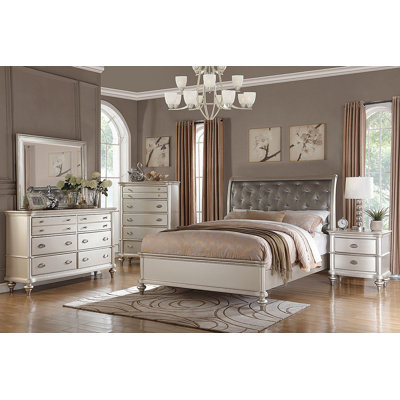 Silver Faux Leather Glamorous 3Pc Bedroom Set Eastern King Size Bed 2X Nightstands Tufted Headboard Furniture