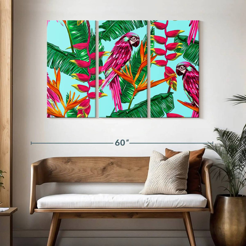 Brampt, plantes tropicales et oiseaux exotiques, H 32 po x l 50 po