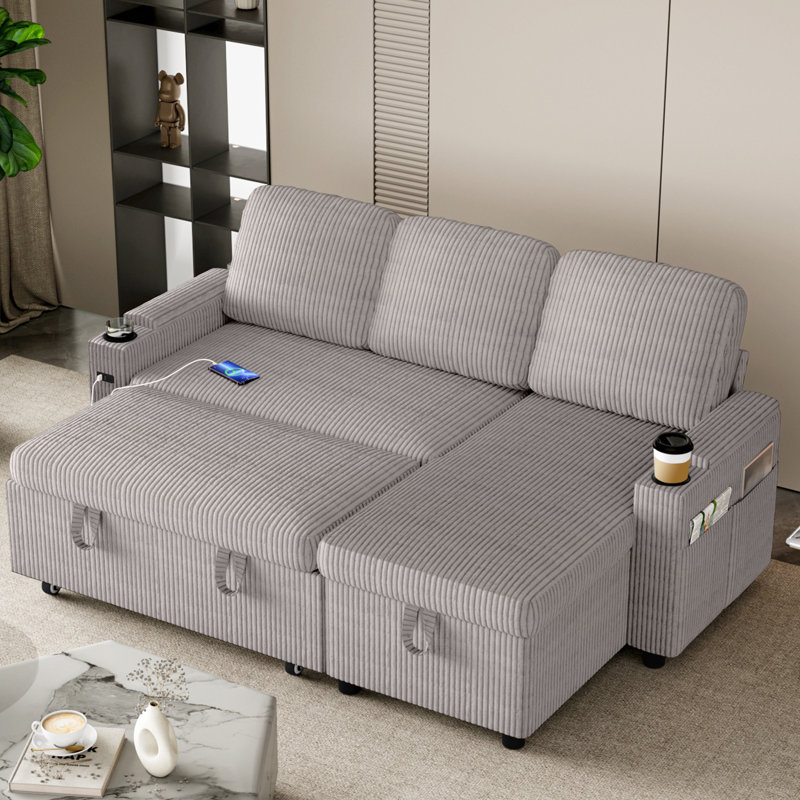3 Seater Sofa & Chaise, Silver Corduroy