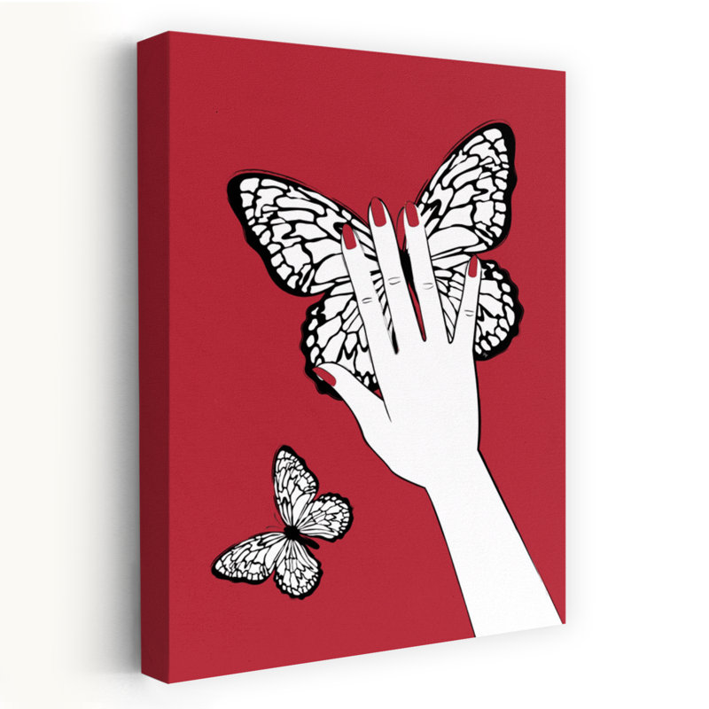 Red Butterfly Hand Bold Contemporary Minimalist Butterfly Moth Nature Portrait Wall Art Print 1 Piece Wrapped Canvas Wall Art