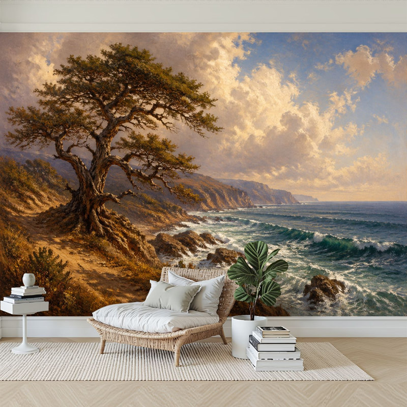 Papier peint auto-adhésif Coastal Cliffside Landscape Pine Tree Ocean Waves, L 69 po x l 96 po