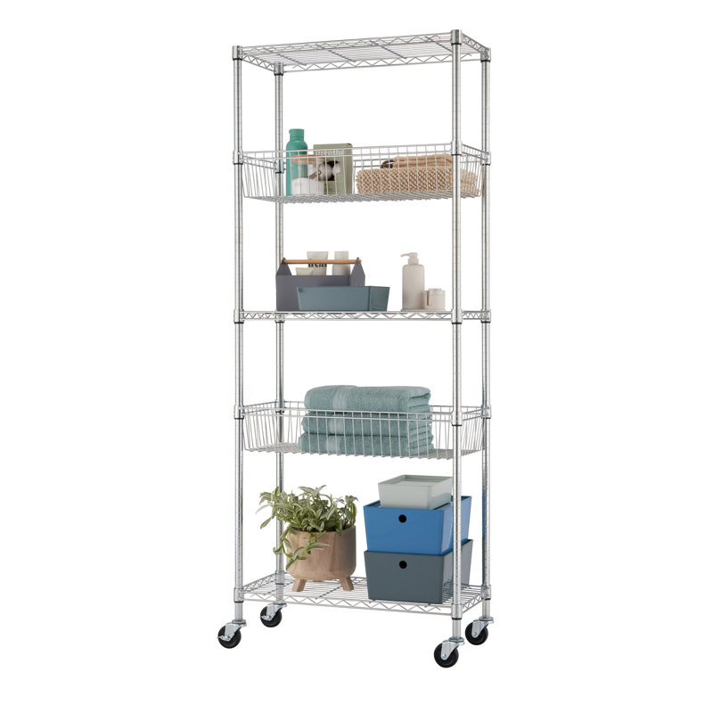 TRINITY EcoStorage 5-Tier NSF Steel Wire Shelving w/ Baskets and Wheels(30 in. W x 14 in. D), Chrome