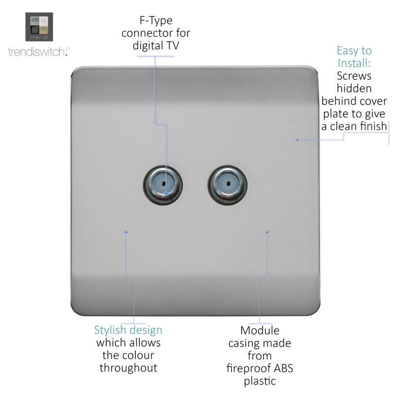 Trendi Switch 2 Gang Male F-Type Satellite Television Socket, Steel