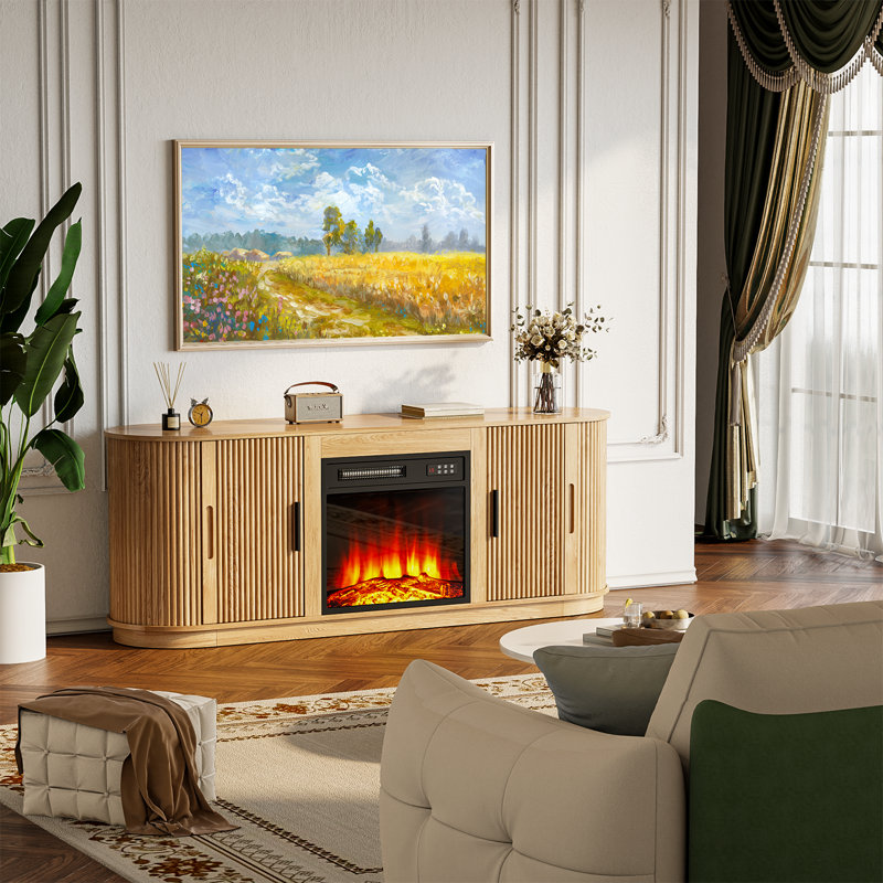 Curved TV Stand with Electric Fireplace, 23.3”H x 60”L x 15.7”W, Natural