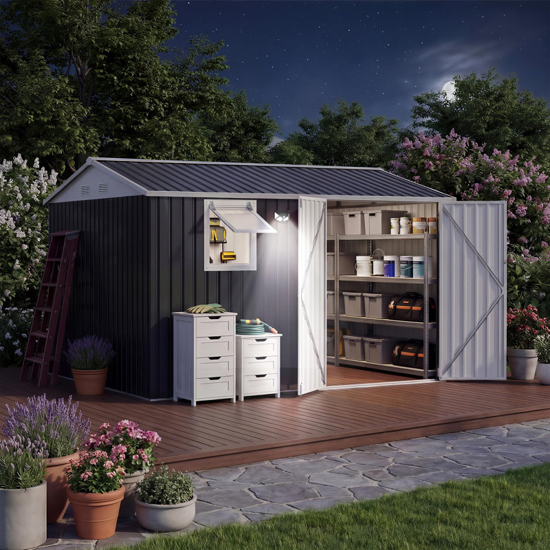 Remise de rangement extérieure en métal galvanisé 10 x 8 pi avec fenêtre escamotable, lumière DEL, panneau perforé, évents, portes verrouillables