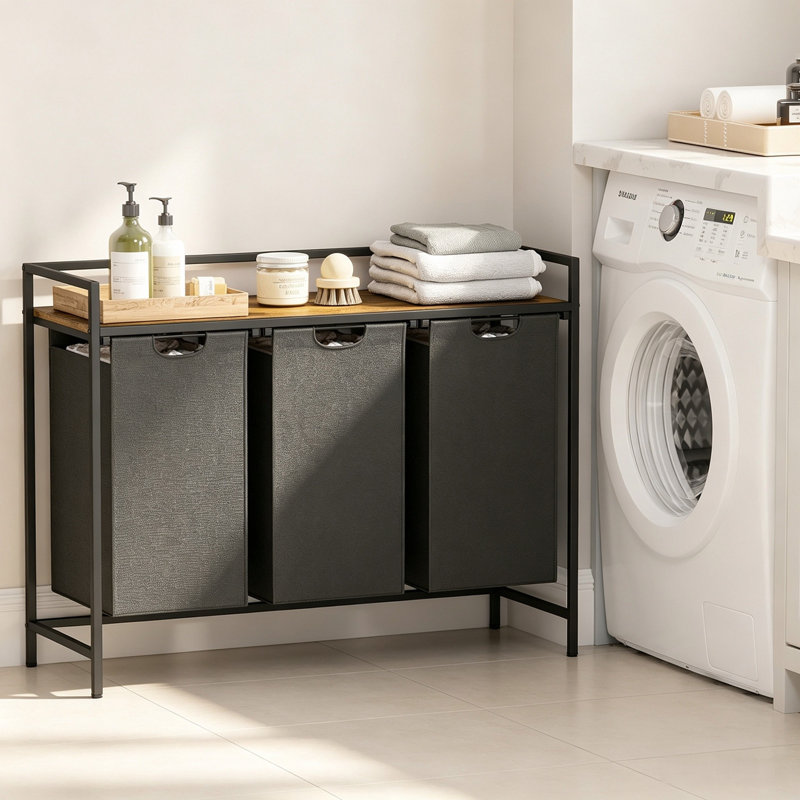Table de tri du linge à 3 sacs, station de tri avec paniers en tissu amovibles et plateau en bois, organisateur de paniers à linge industriel pour buanderie, salle de bain, vestibule