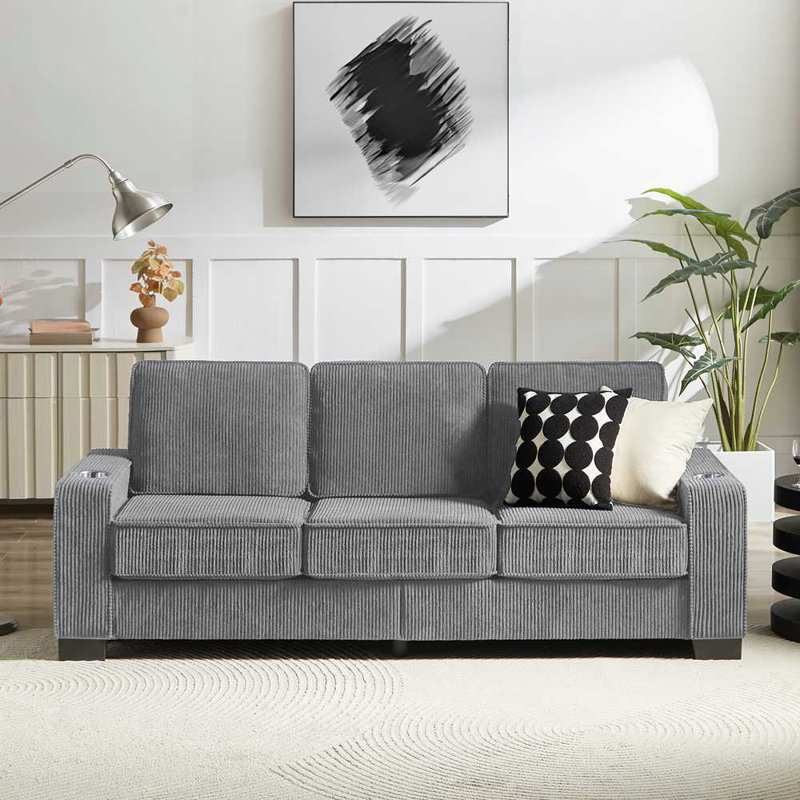 84.25"W 3-Seat Sofa with Cupholder, Gray Corduroy