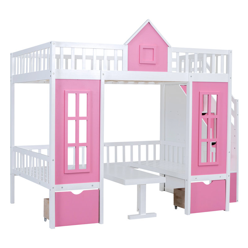 Bunk Bed With Changeable Table, Bunk Bed Turn Into Upper Bed And Down Desk, Full Over Full, Pink