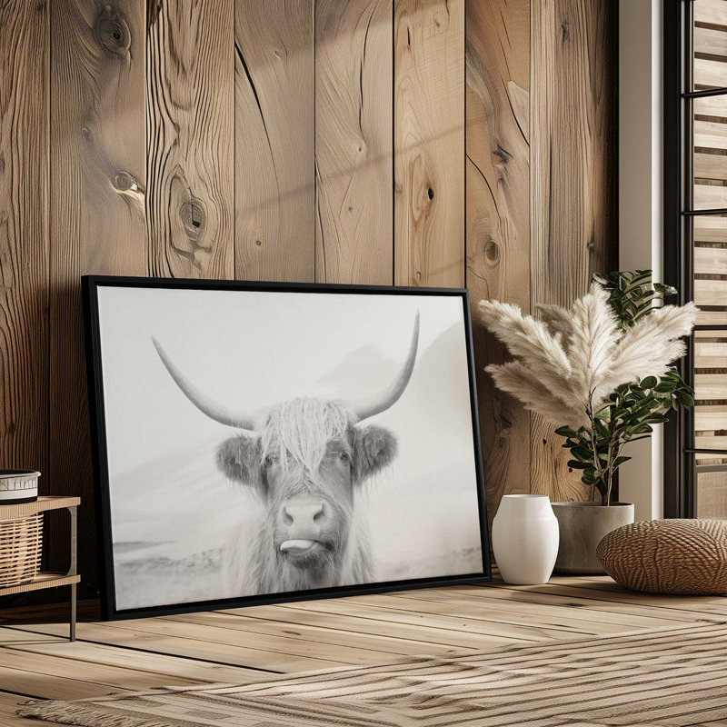 Playful Highland Cow Canvas Print, Satin Black Floater Framed, 8.75" H x 12.75" W x 1.75" D