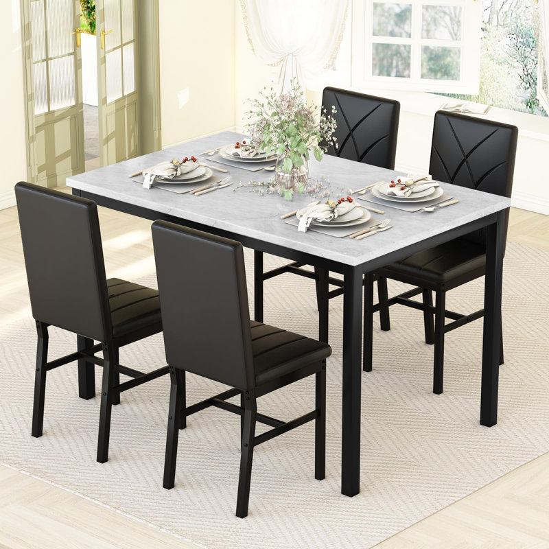 Elegant 5-Piece Faux Marble Dining Table Set, Black