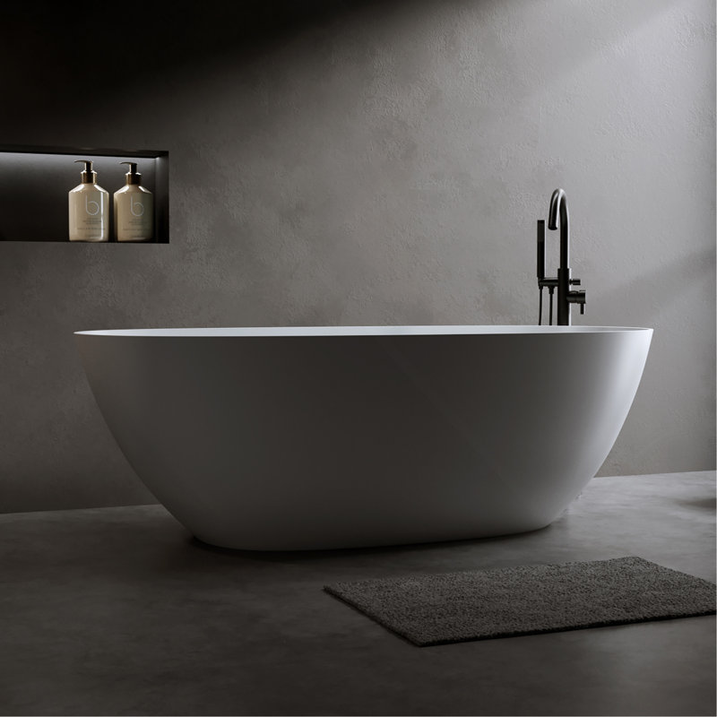 65" Freestanding Bathtub Resin Stone Soaking Bathtub Solid Surface Modern Tubs With Overflow And Pop-Up Drain In White
