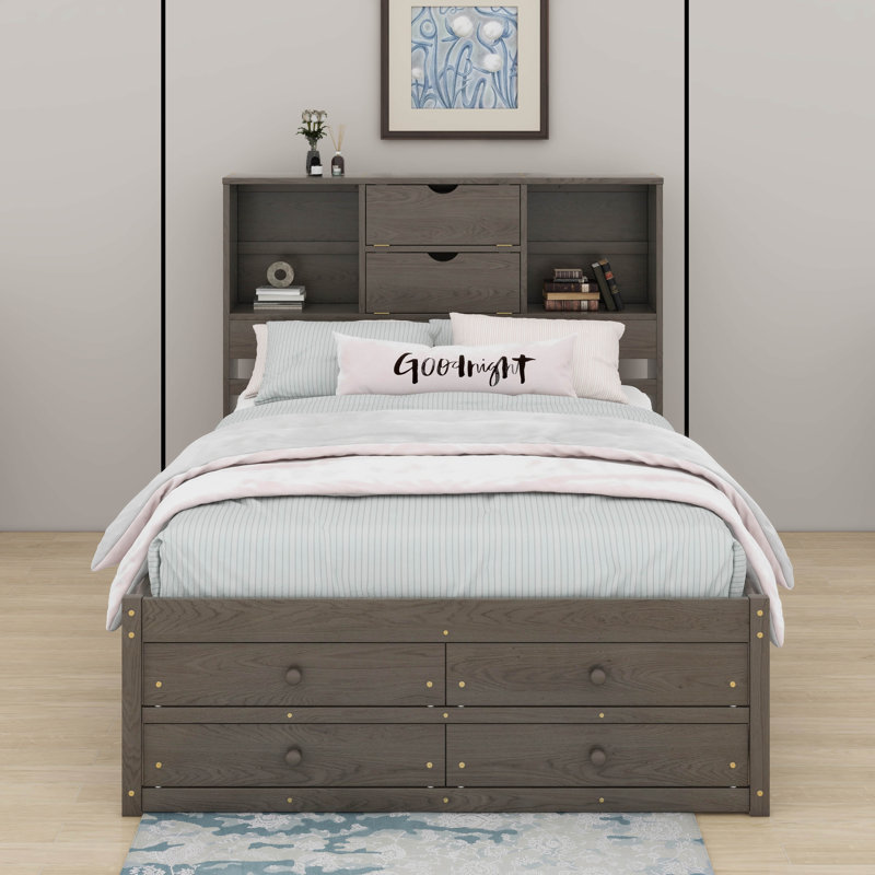 Grand lit plateforme avec tiroirs, Gris, Grand lit