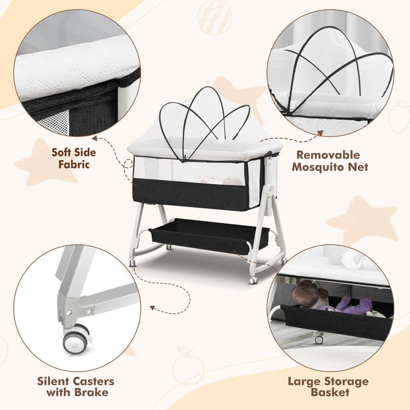 Baby Bassinet, Bedside Sleeper For Baby With Removable Mosquito Net and Wheels And Storage Basket ,all Mesh Portable Bassinet For Newborn,6 Height Adjustable Easy To Assemble Bedside Crib