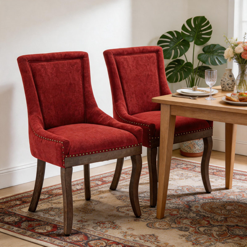Ensemble de 2 chaises de salle à manger rembourrées en bois massif, 2, Rouge