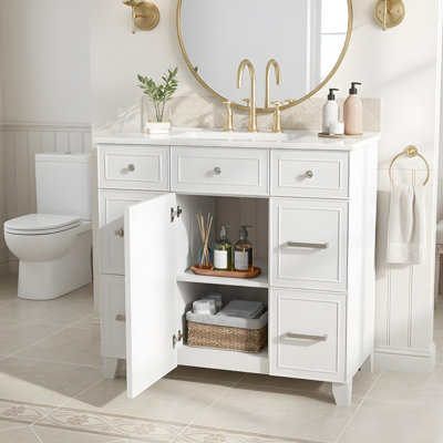 Meuble-lavabo de 36 po avec lavabo en céramique, portes à fermeture douce, tablettes réglables et 3 tiroirs