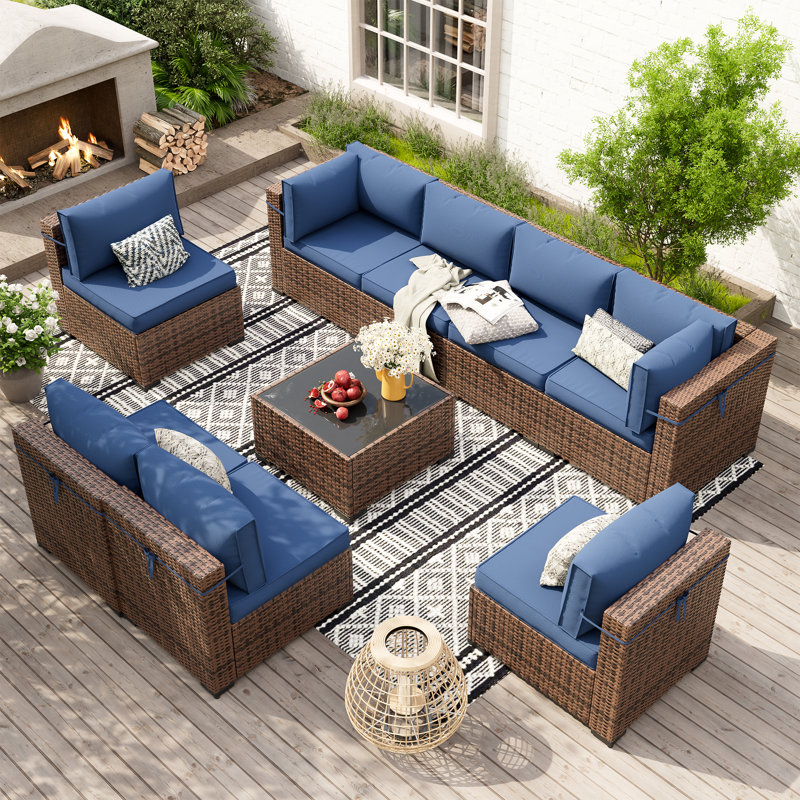 Ensemble de conversation modulaire en rotin avec table basse, Bleu