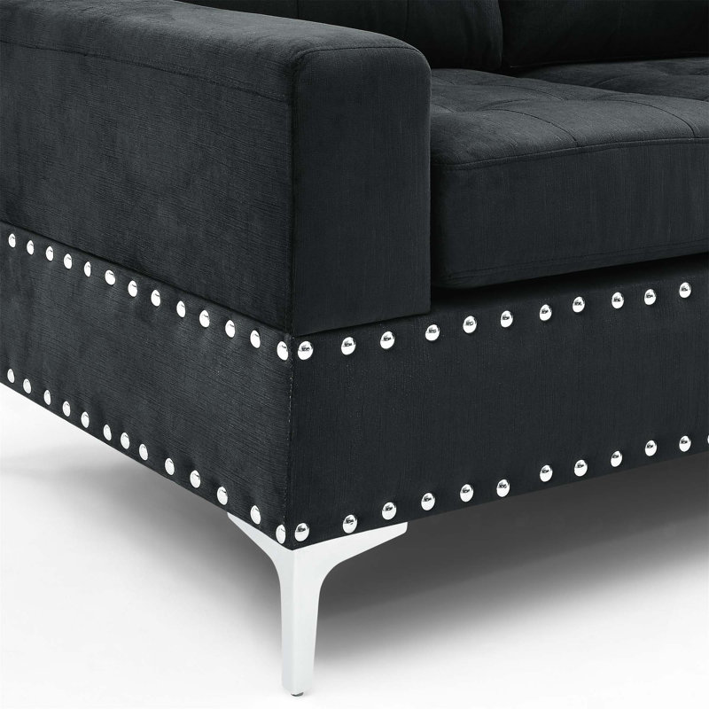 Canapé modulaire à 3 places avec méridienne réversible, repose-pieds avec rangement et porte-gobelets, pieds en métal et clous en cuivre, deux coussins blancs