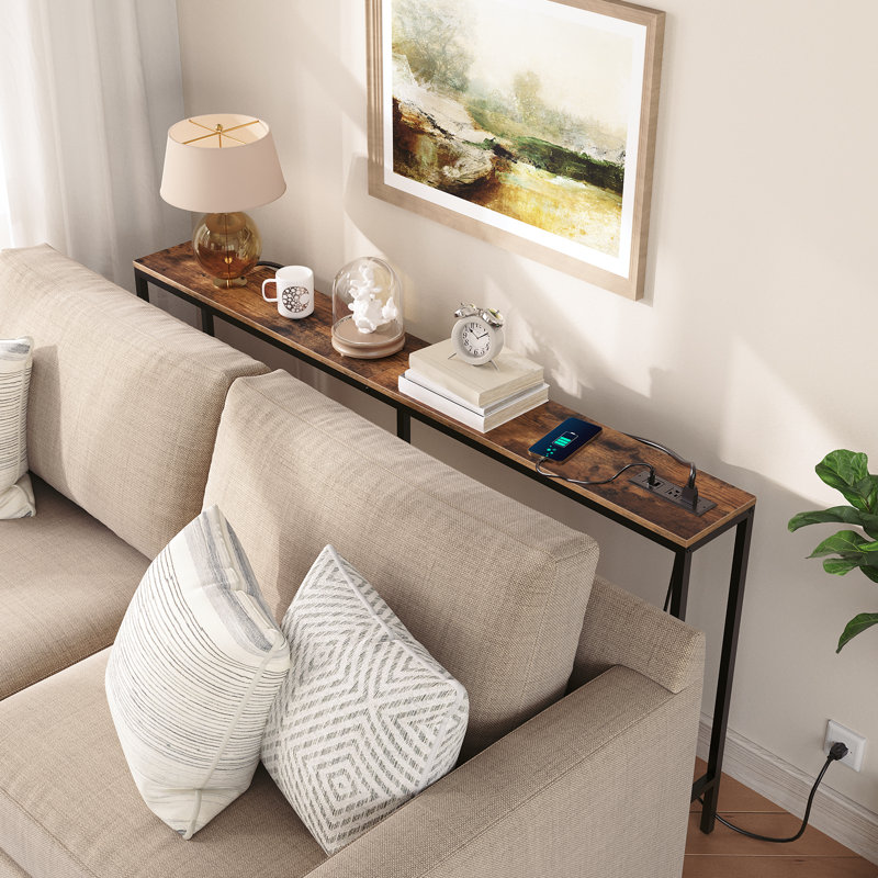 Console rustique avec station de charge Table de canapé étroite derrière le canapé avec prises et ports USB, Brun