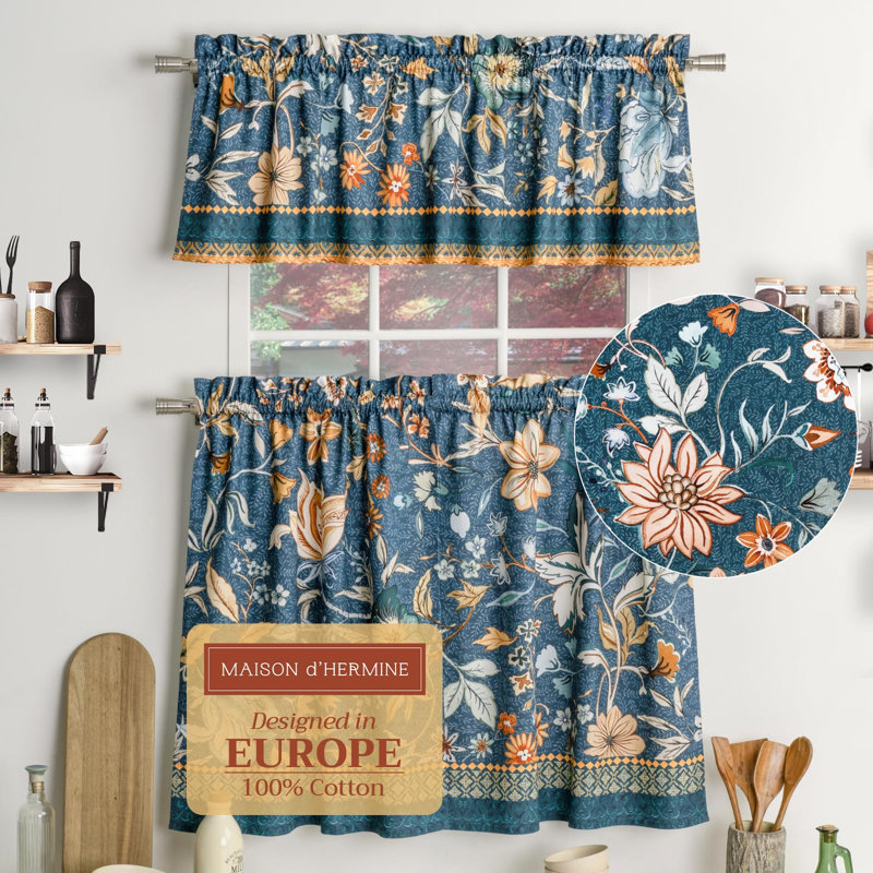 Maison d'Hermine Loft de luxe - Rideau de cuisine bleu sarcelle foncé 100 % coton - Cantonnière 142 x 46 cm et voilage 71 x 91 cm