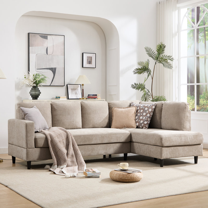 95" Upholstered L Shaped Sofa Modern Sectional, Khaki Chenille