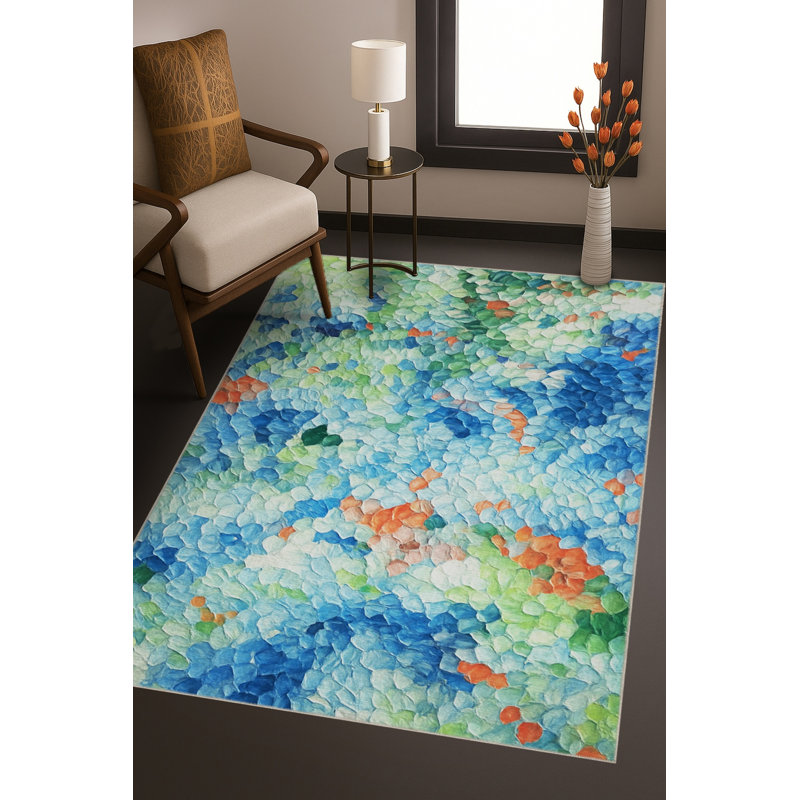 Tapis bleu tissé lavable rétro Mosso, 4'11" x 7'7"