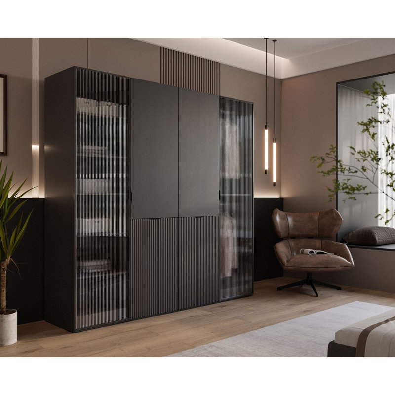 Manufactured Wood Wardrobe, Black Graphite/Fluted Glass