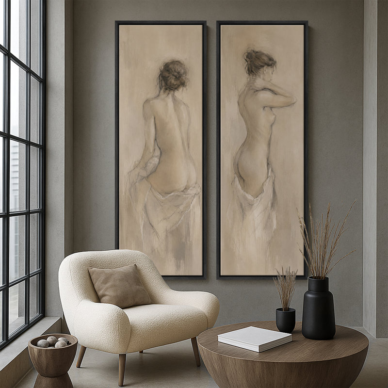 Décor minimaliste figuratif représentant une figure féminine neutre – Ensemble de 2 impressions d'art encadrées sur toile 60 po x 20 po x 2
