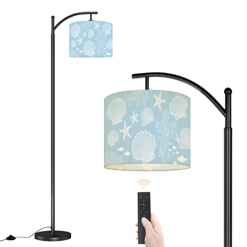 Arc Floor Lamp with Adjustable Lampshade Seashell Starfish Coastal White Line Art Soft Blue Wooden Standing Lamp 3 Color Temperatures Dimmable Tall Pole Lamp with Foot Switch for Bedroom