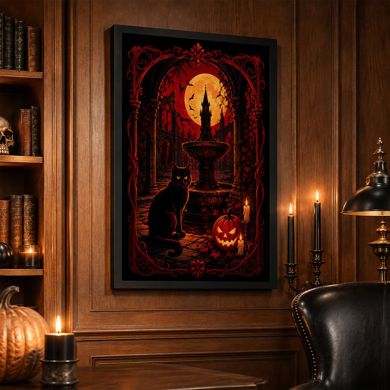 Art de toile d'Halloween chat noir avec citrouille sculptée et château gothique, H 24 po x l 16 po