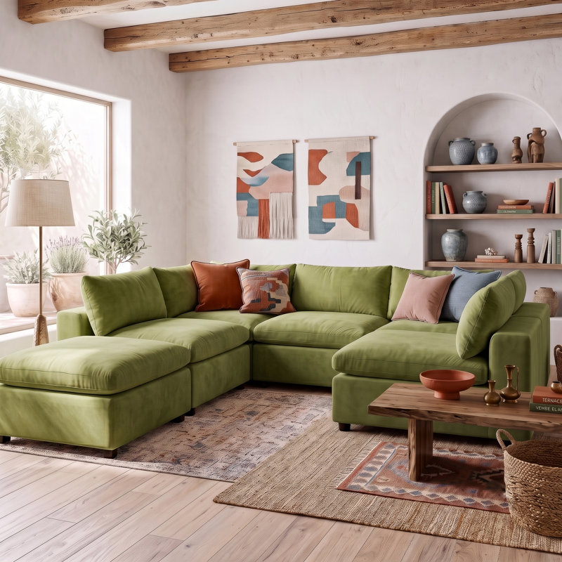 Canapé modulaire 6 pièces rembourré, Velours vert olive
