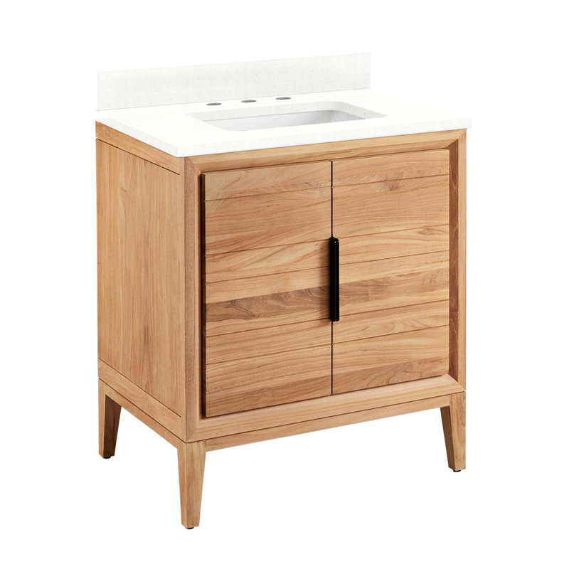 30" Aliso Single Bathroom Vanity Set with Rectangular Undermount Sink, 8" Widespread, Feathered White Quartz, Natural Teak