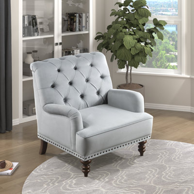 Auguust 34" Traditional Tufted Polyester Accent Chair with Velvet Fabric Upholstery, Nailhead Trim, Button-Tufted Back