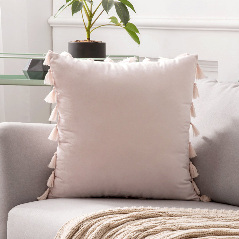Square Velvet Tassle Cushion, 18''H x 18''W x 1"D, Polyester, Pink