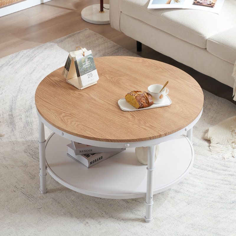 Vintage Brown Round Farmhouse Coffee Table, 2-Tier Storage, Natural Wood, 18.3" H x 31.5" W x 31.5" D