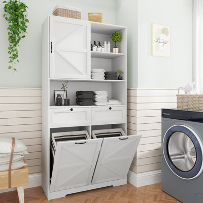 Armoire de rangement à porte de grange coulissante 78,7 po H, armoire de rangement autoportante pour salle de bain avec 2 paniers à linge et 2 tiroirs