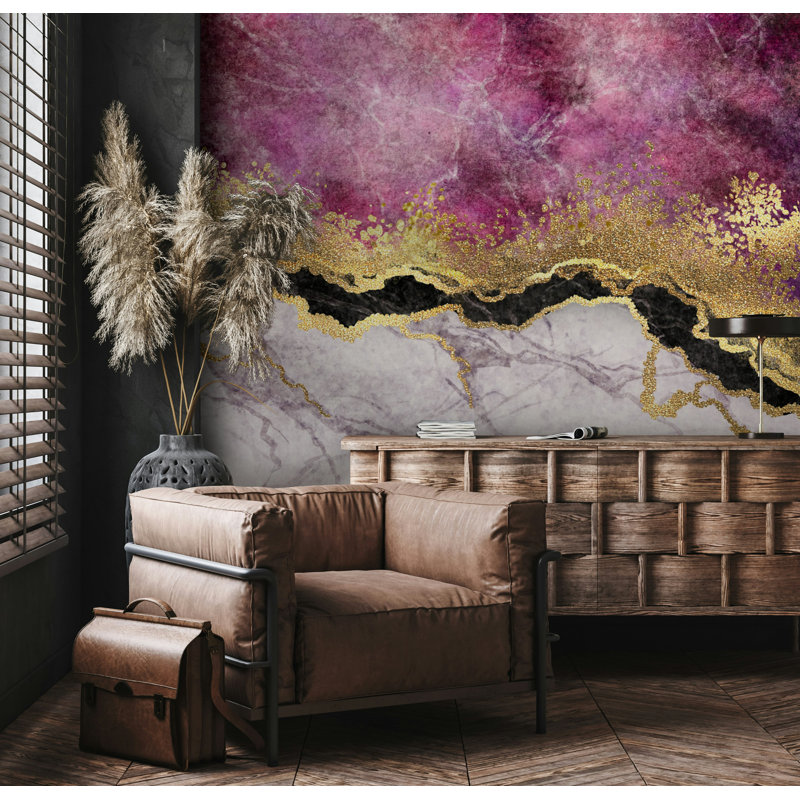 Purple Marble Gold Glitter Border Wallpaper, 75"L x 112"W