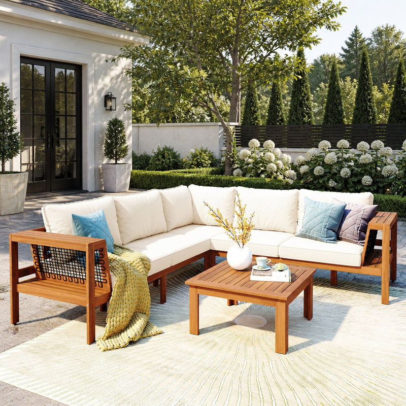Ensemble de canapé d'extérieur en forme de L en bois d'acacia durable avec accoudoirs en maille tissée et coussins confortables pour terrasse
