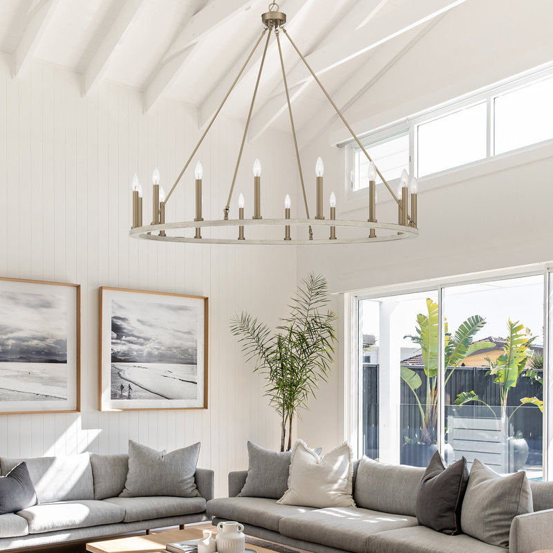 Adriana 47" W 16-Light Dimmable Wagon Wheel Chandelier with Sloped Ceiling Adapter, French Ash