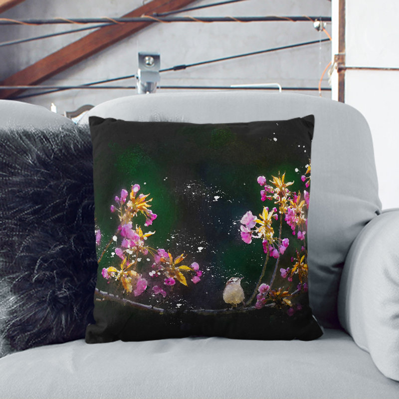 Wren upon a Blossom Tree Branch Cushion with Filling, 40cm H x 40cm W x 15cm D, Black