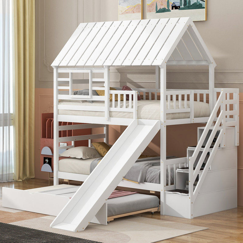 Lit superposé House avec lit gigogne et glissade, escalier de rangement, toit et fenêtre, Blanc