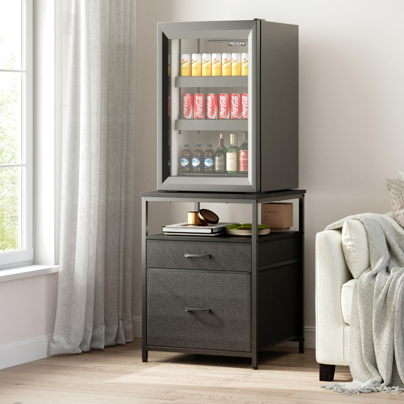 Mini Fridge Stand With 3 Storage, Mini Fridge Cabinet, Beverage Fridge Table, Black