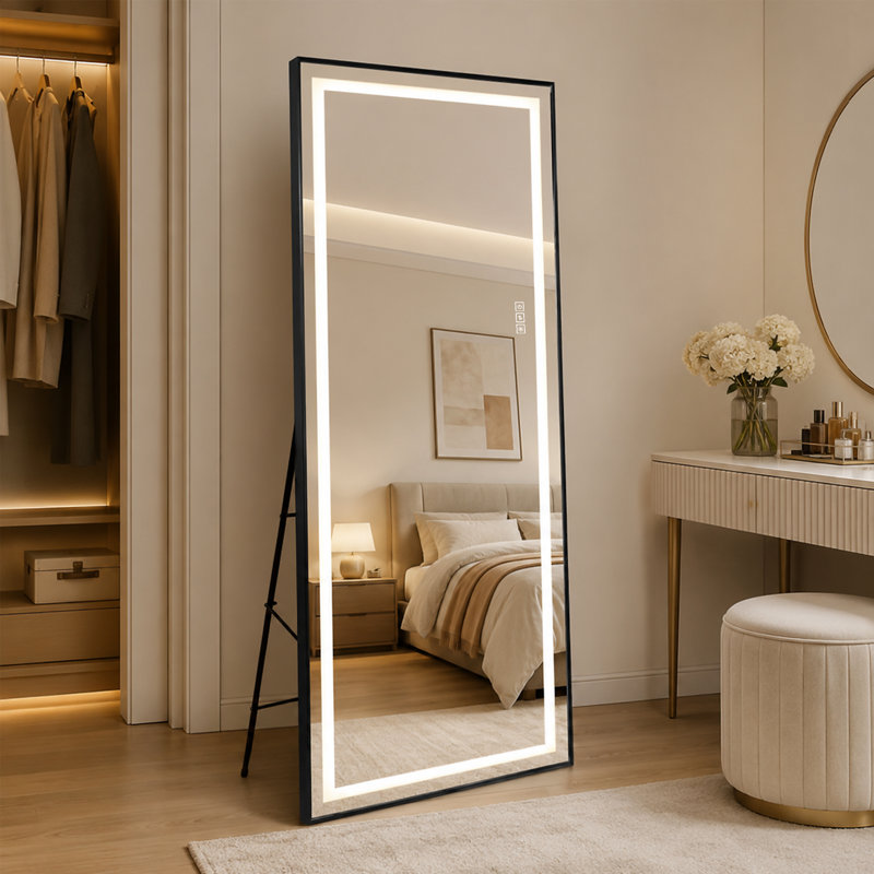 3-Color Dimmable LED Full Length Mirror with Black Aluminum Frame - Freestanding/Wall Mounted