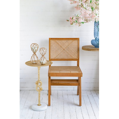 13.8x13.8x24" Gold Side Table With Rope Knot Design And White Marble Base
