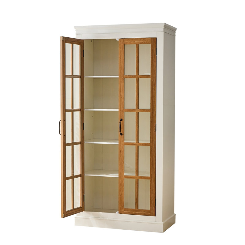 71.2" Freestanding Farmhouse Style Display Cabinets, Brown/Cream White
