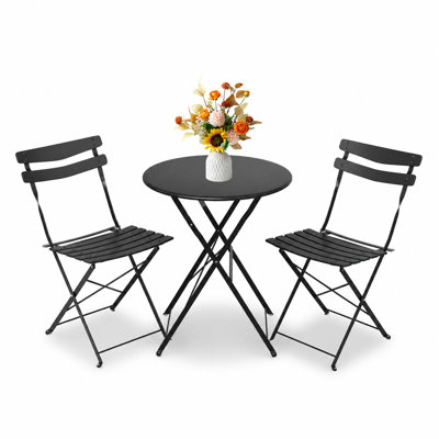 No-Assembly Folding Patio Bistro Set for 2, 3-Piece Steel Table & 2 Chairs - Space-Saving - Powder-Coated Mark & Rust-Resistant - Solid Steel Top - Balcony/Porch/Garden