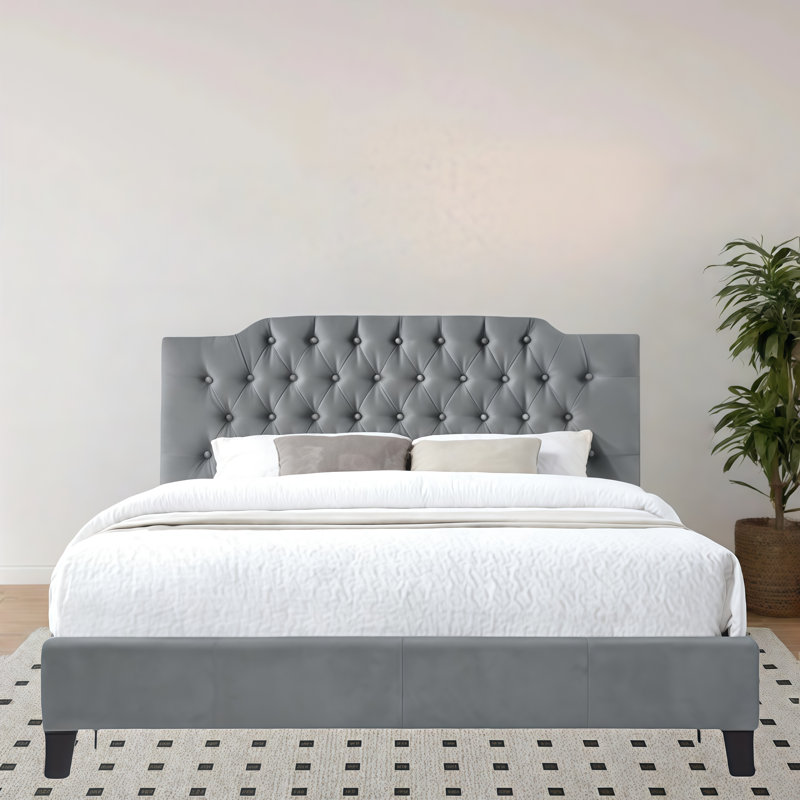 Structure de lit double en bois, plateforme de lit avec tête de lit tapissier capitonnée