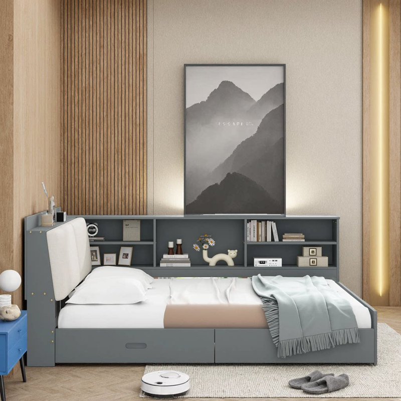Lit plateforme blanc en bois avec tête de lit, tablettes et 2 tiroirs, Gris